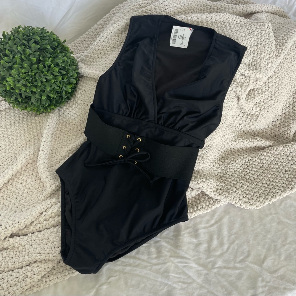 VENUS Black One Piece Swimsuit with lace up waist belt Size 8